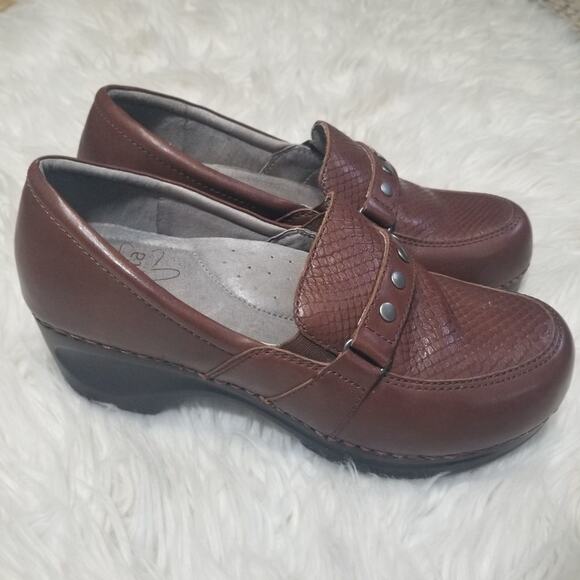 Sanita Brown Leather Embossed Loafer Clogs - Picture 4 of 7